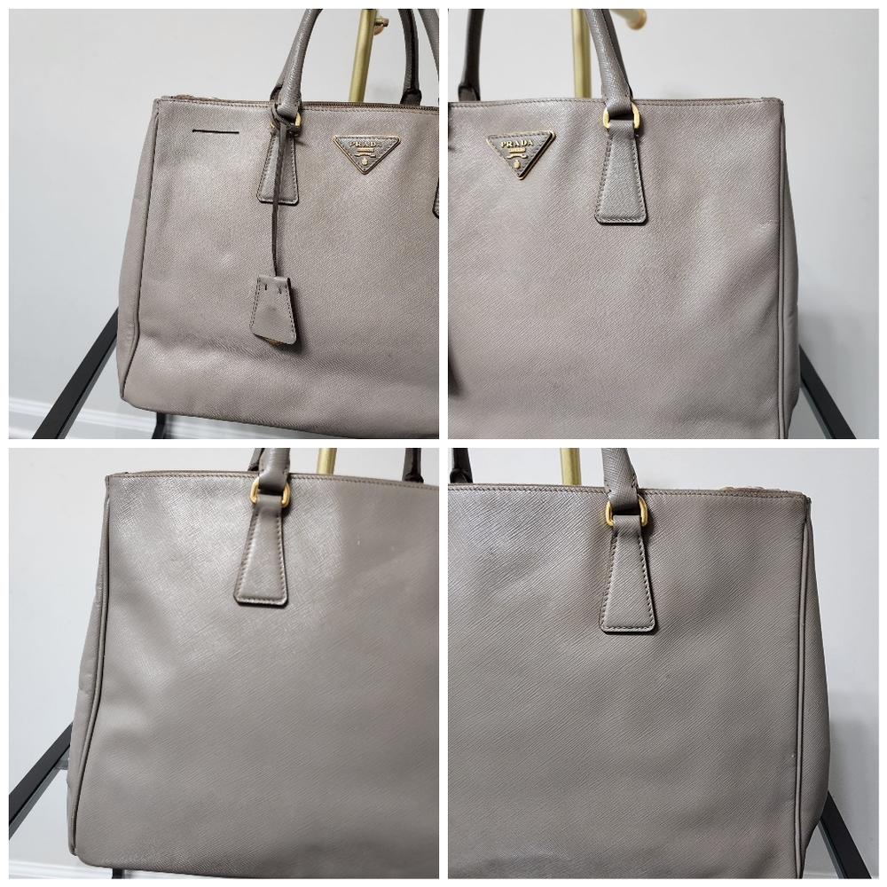 PRADA 2 Tone Saffiano Lux Large Double Zip Tote Bag Beige - Picture 10 of 16